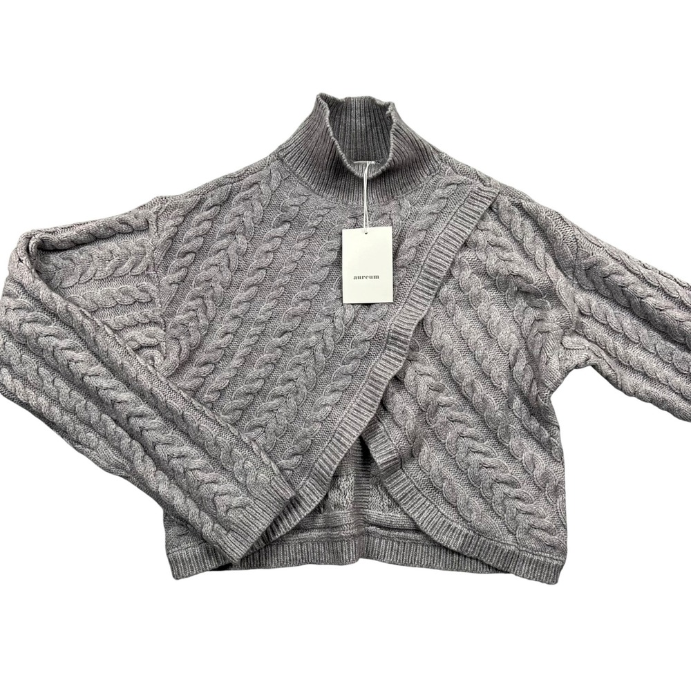 Aureum Cable Knit Sweater Womens OS Gray Mock Neck Wrap Front Cropped New